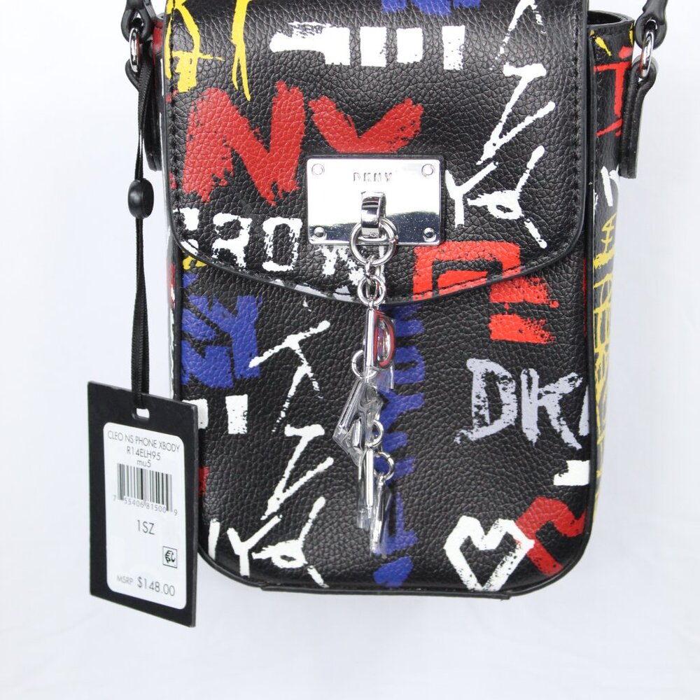 NEW w/ TAGS DKNY Elissa Graffiti Crossbody Bag Black Silver Logo Charms Leather